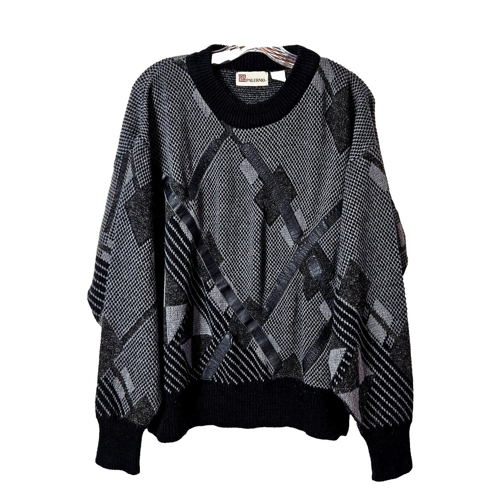 Palmero Men's Vintage Grandpacore Black Sweater LARGE Faux Leather Hipster Cosby